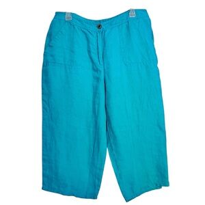 Chico's Size 3 (US 16) Turquoise 100% Linen Side Elastic Waist Crop Pants